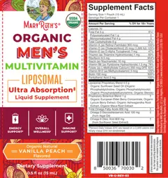 Label for Organic Men's Multivitamin Liposomal Vanilla Peach Flavored