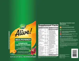 Label for Alive! Complete Liquid Multivitamin Max Potency Citrus Flavored
