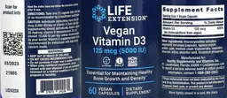 Label for Vegan Vitamin D3 125 mcg (5000 IU)
