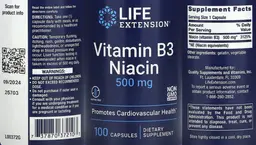 Label for Vitamin B3 Niacin 500 mg