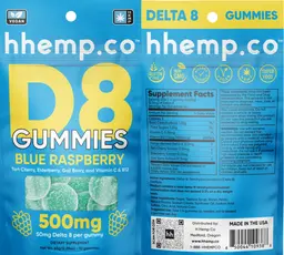 Label for D8 Gummies Blue Raspberry 500 mg