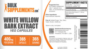 Label for White Willow Bark Extract Veg Capsules 400 mg