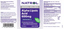 Label for Alpha Lipoic Acid 600 mg Time Release