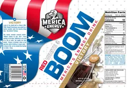 Label for Red White & Boom Energy Drink Victory Cream Soda