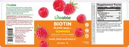 Label for Biotin 10,000 mcg Raspberry Flavor Gummies