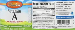 Label for Vitamin A 3,000 mcg RAE (10,000 IU)