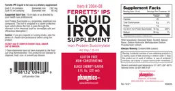Label for Ferretts IPS Liquid Iron Supplement Black Cherry Flavor