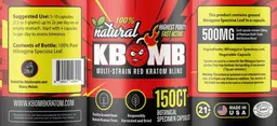 Label for KBomb Multi-Strain Red Kratom Blend