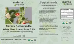 Label for Organic Ashwagandha Whole Plant Extract Paste 2.5%