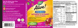 Label for Alive! Women's Gummy Multivitamin Zero Sugar Strawberry Flavored