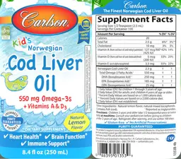 Label for Kid's Norwegian Cod Liver Oil Natural Lemon Flavor