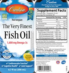 Label for The Very Finest Fish Oil 1,600 mg Natural Lemon Flavor