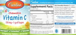Label for Kid's Chewable Vitamin C 250 mg Natural Tangerine Flavor!