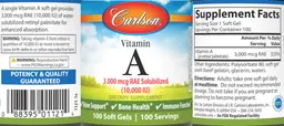 Label for Vitamin A 3,000 mcg RAE Solubilized (10,000 mcg IU)