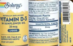 Label for Vitamin D-3 in Sunflower Oil 25 mcg Liquid Naturally Unflavored