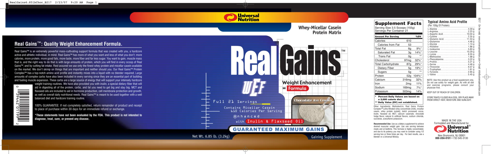 Label for Real Gains Chocolate Ice Cream