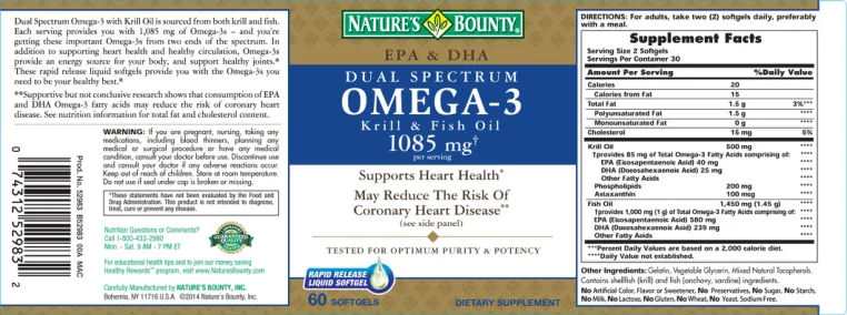 Label for Dual Spectrum Omega-3 Krill & Fish Oil 1085 mg