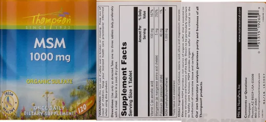 Label for MSM 1000 mg