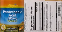 Label for Pantothenic Acid 500 mg