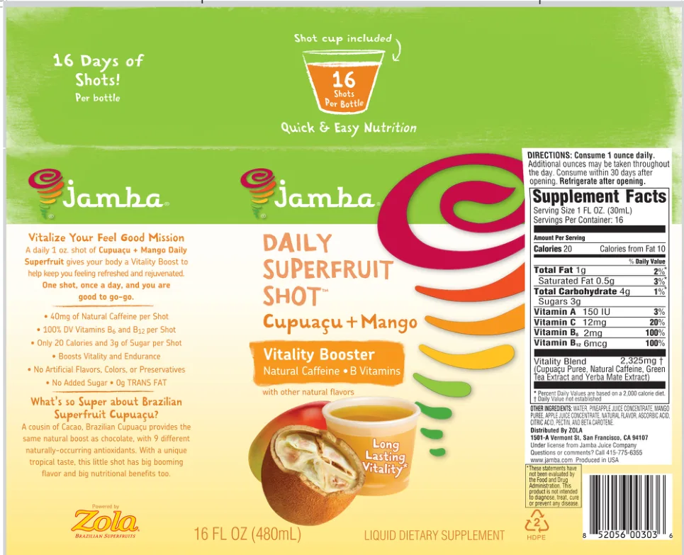 Label for Daily Superfruiti Shot Cupuacu + Mango