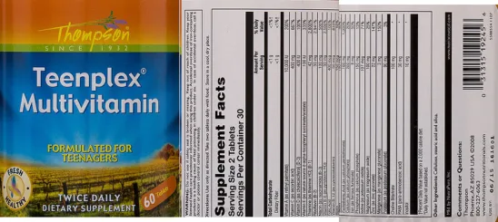 Label for Teenplex Multivitamin