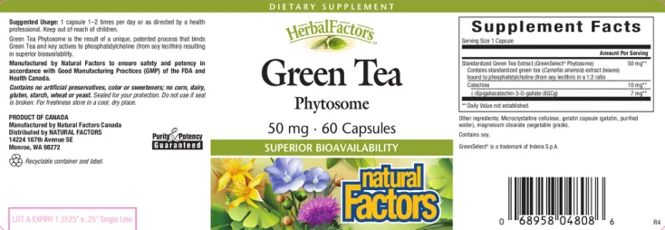 Label for HerbalFactors Green Tea Phytosome 50 mg