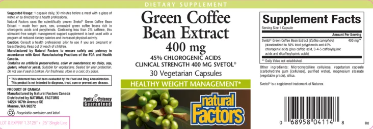 Label for Green Coffee Bean Extract 400 mg