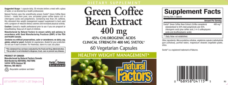 Label for Green Coffee Bean Extract 400 mg