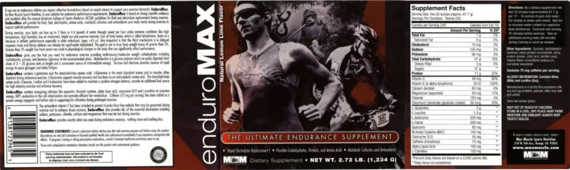 Label for EnduroMAX Natural Lemon Lime Flavor