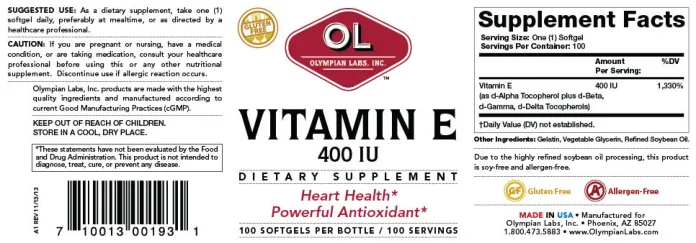 Label for Vitamin E 400 IU