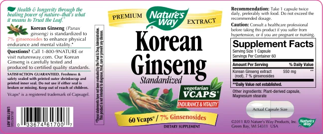 Label for Korean Ginseng Standardized