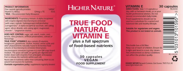 Label for True Food Natural Vitamin E