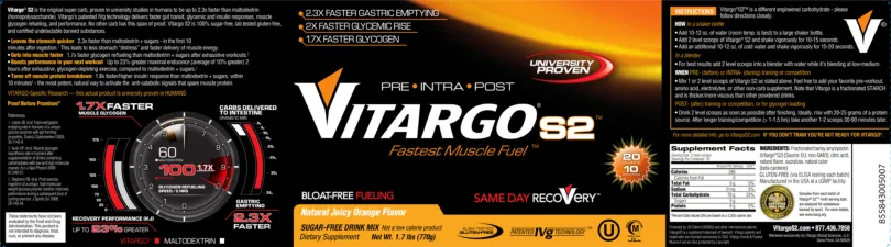 Label for Vitargo S2 Natural Juicy Orange Flavor