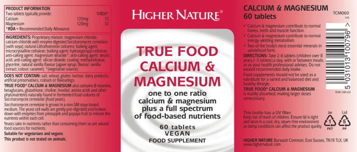 Label for True Food Calcium & Magnesium
