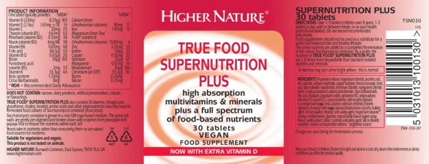 Label for True Food Supernutrition Plus