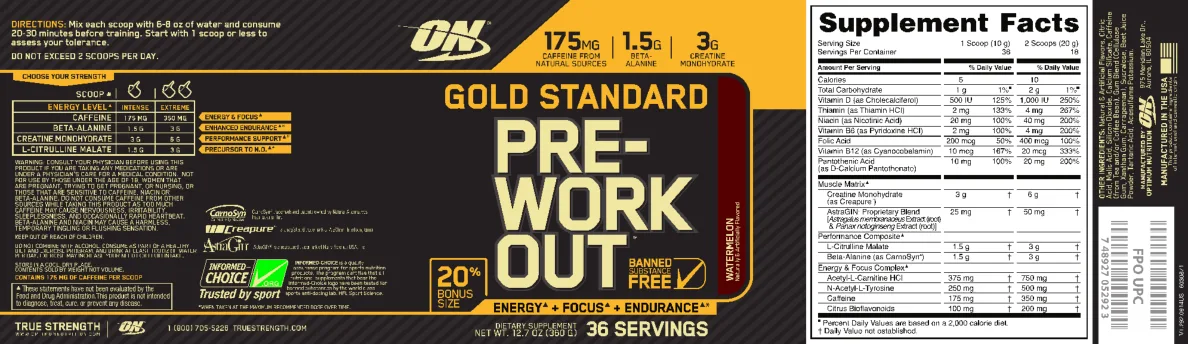 Label for Gold Standard Pre-Work Out Watermelon