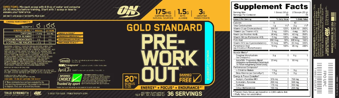 Label for Gold Standard Pre-Workout Blueberry Lemonade