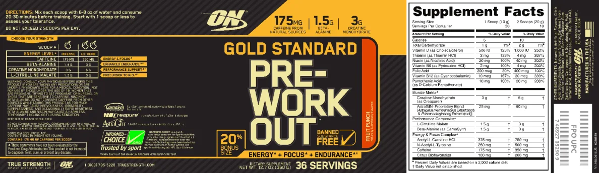 Label for Gold Standard Pre-Work Out Fruit Punch