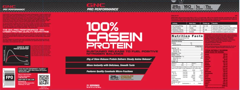 Label for 100% Casein Protein Chocolate Supreme