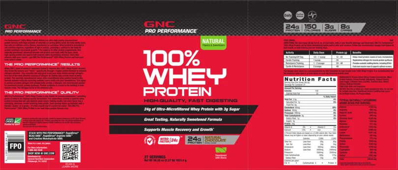 Label for 100% Whey Protein Natural Chocolate