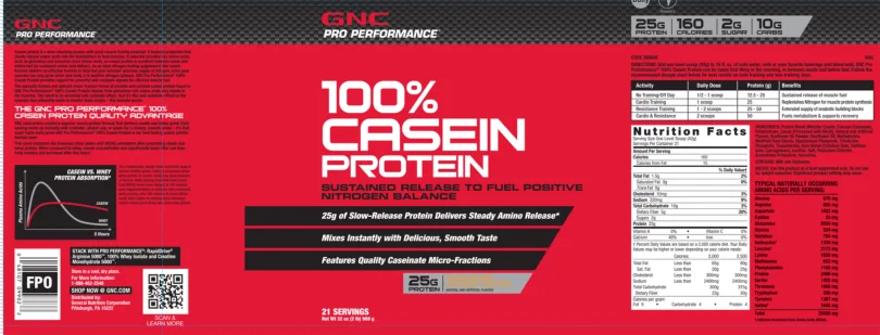 Label for 100% Casein Protein Chocolate Peanut Butter