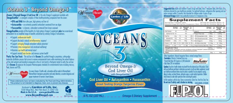 Label for Oceans 3 Beyond Omega-3 Cod Liver Oil Orange Tangerine Flavor