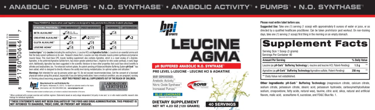 Label for Leucine Agma Blue Lemonade