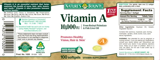 Label for Vitamin A 10,000 IU