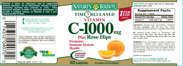 Label for Time Released Vitamin C-1000 mg Plus Rose Hips