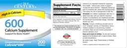 Label for 600 Calcium Supplement