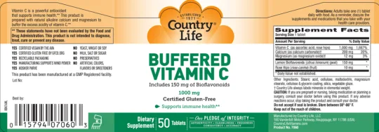 Label for Buffered Vitamin C 1000 mg