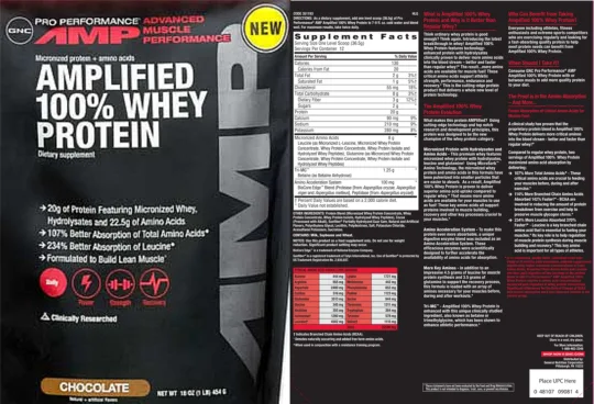 Label for Amplified 100% Whey Protein