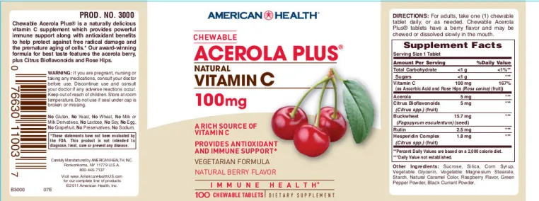 Label for Chewable Acerola Plus Natural Vitamin C 100 mg