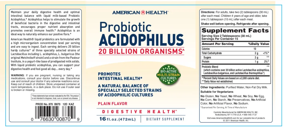 Label for Probiotic Acidophilus Plain Flavor